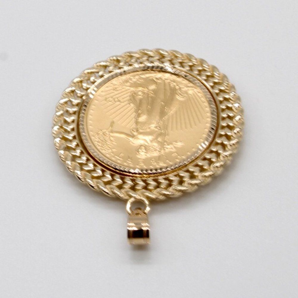 New 14k Gold Double Row Diamond Cut Bezel With 1/4oz American Eagle Coin - Picture 4 of 15